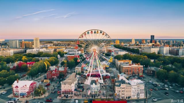 Ferris wheel, cityscape, city, daytime, cirrus clouds, reality, Tyndall effect, bustling city, sky, rainbow