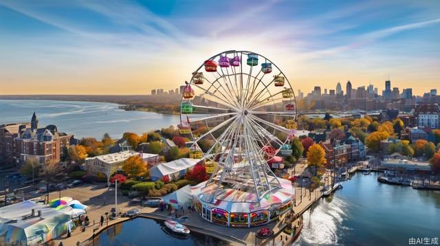 Ferris wheel, cityscape, city, daytime, cirrus clouds, reality, Tyndall effect, bustling city, sky, rainbow