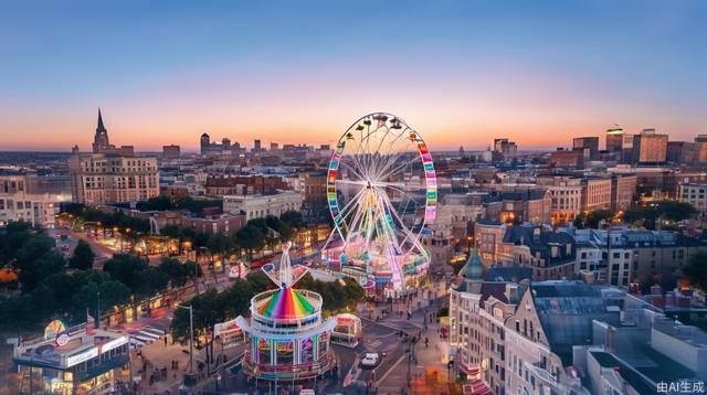 Ferris wheel, cityscape, city, daytime, cirrus clouds, reality, Tyndall effect, bustling city, sky, rainbow