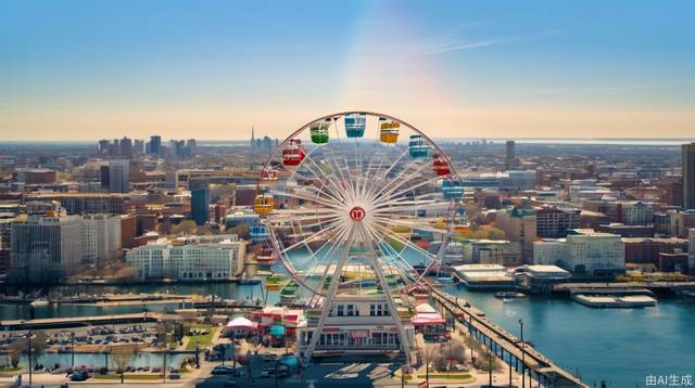 Ferris wheel, cityscape, city, daytime, cirrus clouds, reality, Tyndall effect, bustling city, sky, rainbow