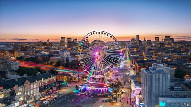 Ferris wheel, cityscape, city, daytime, cirrus clouds, reality, Tyndall effect, bustling city, sky, rainbow