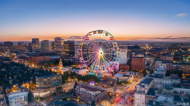 Ferris wheel, cityscape, city, daytime, cirrus clouds, reality, Tyndall effect, bustling city, sky, rainbow