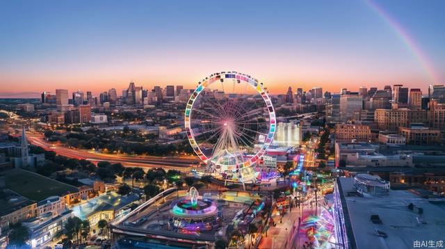 Ferris wheel, cityscape, city, day, cirrus, reality, Tyndall effect, bustling city, sky, rainbow, keep the original composition