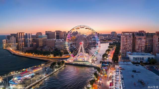 Ferris wheel, cityscape, city, daytime, cirrus clouds, reality, Tyndall effect, bustling city, sky, rainbow