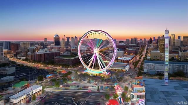 Ferris wheel, cityscape, city, day, cirrus, reality, Tyndall effect, bustling city, sky, rainbow, keep the original composition