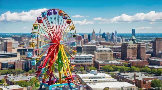 Ferris wheel, cityscape, city, daytime, cirrus clouds, reality, Tyndall effect, bustling city, sky, rainbow