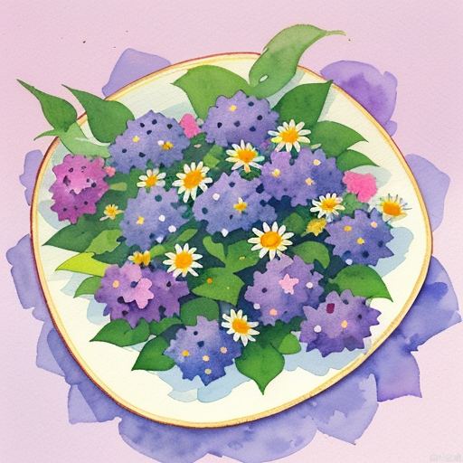 On a square plate, there are pink roses, red roses, blue-purple hydrangea, yellow daisies, pink carnations, pink gypsy stars, dark purple morning glory, etc. Watercolor wind