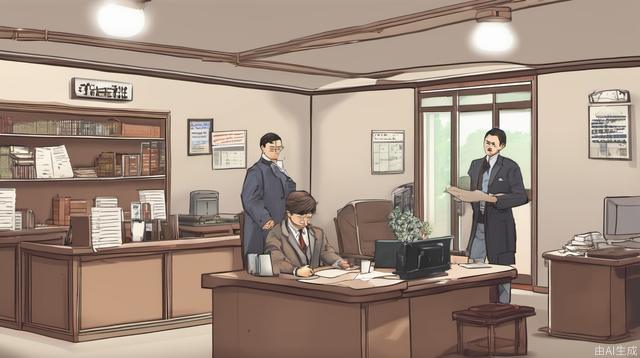 Style: Authentic style
Time: Day, afternoon
Location: A bank branch office with simple and modern interior decoration.
Characters: There are only two people in the picture, including:
Mr. A, the branch president, was sitting behind his desk, which was piled high with papers.
Mr. B, the Village Revitalization Commissioner, stood aside, holding a copy of the latest document.