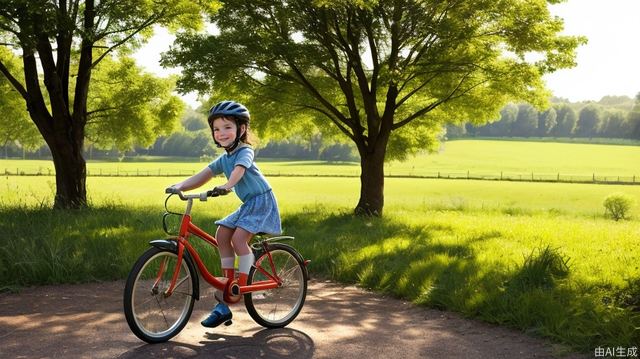 Pastoral scenery, little girl riding a bicycle, the sun is shining