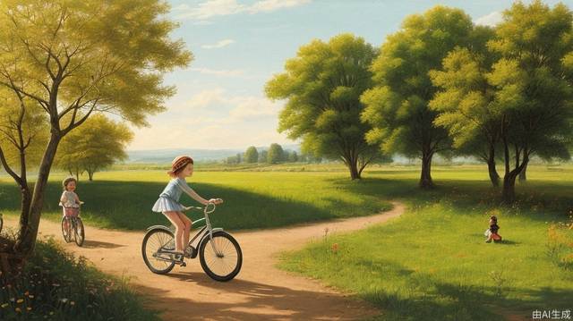 Pastoral scenery, little girl riding a bicycle, the sun is shining