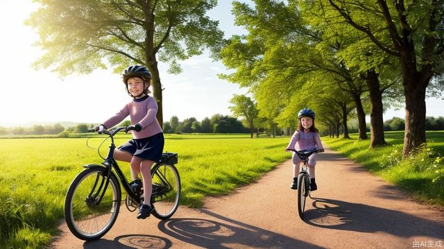 Pastoral scenery, little girl riding a bicycle, the sun is shining