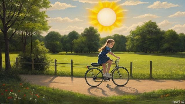 Pastoral scenery, little girl riding a bicycle, the sun is shining