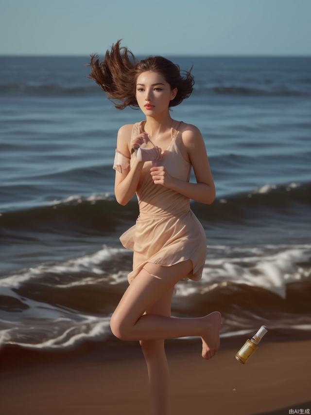 There is a beautiful woman running by the sea