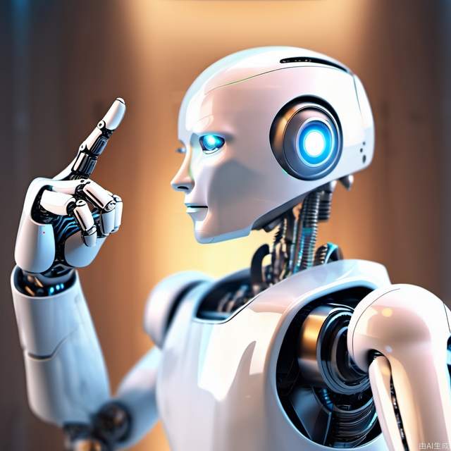 A forward-facing artificial intelligence robot with a finger to the front, do a click action, technology sense background