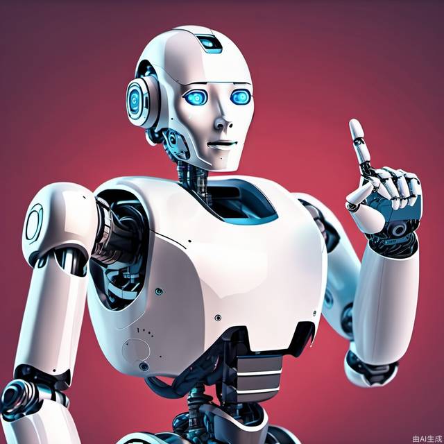 A forward-facing artificial intelligence robot with a finger to the front, do a click action, technology sense background