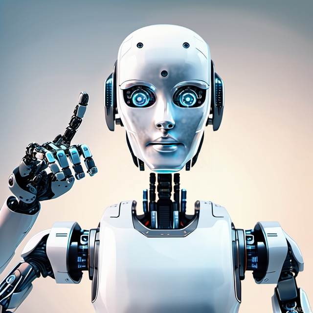 A forward-facing artificial intelligence robot with a finger to the front, do a click action, technology sense background