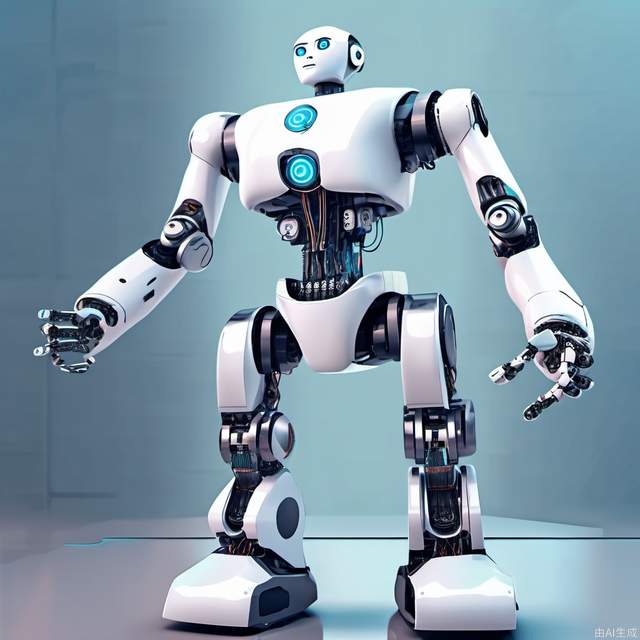 A forward-facing artificial intelligence robot with a finger to the front, do a click action, technology sense background