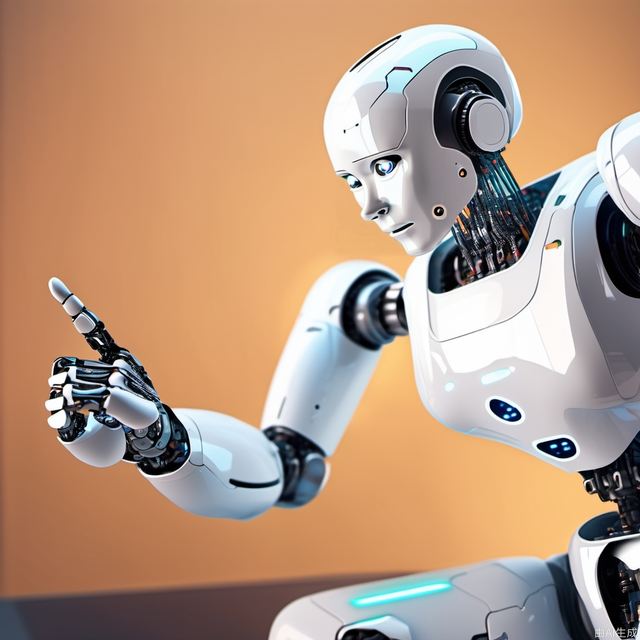 A forward-facing artificial intelligence robot with a finger to the front, do a click action, technology sense background