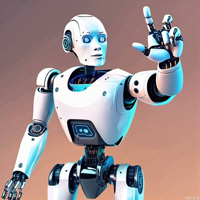 A forward-facing artificial intelligence robot with a finger to the front, do a click action, technology sense background