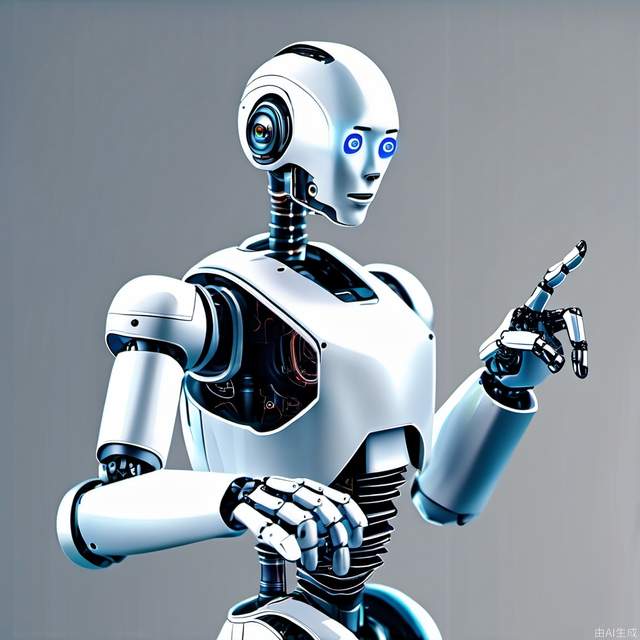 A forward-facing artificial intelligence robot with a finger to the front, do a click action, technology sense background