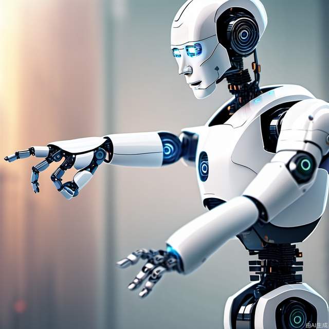 A forward-facing artificial intelligence robot with a finger to the front, do a click action, technology sense background