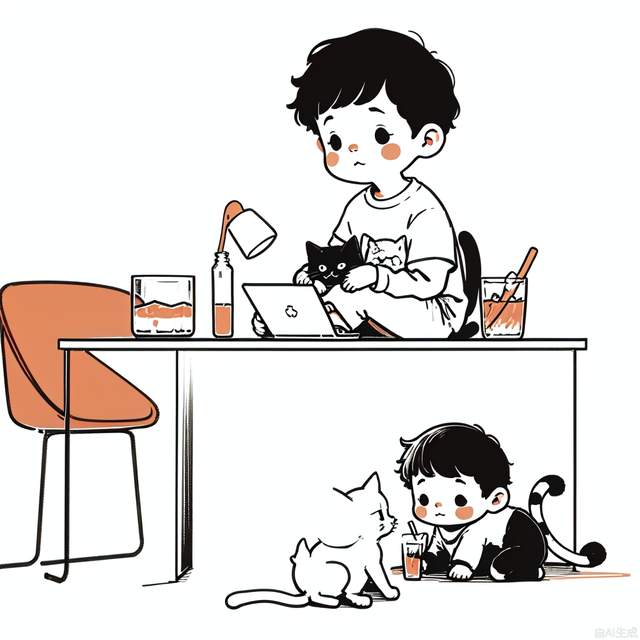 Incredibly absurdres, highres, simple lineart, a boy, sitting, looking at a laptop, a kitten lying next to it, a glass of water,