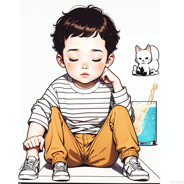 Incredibly absurdres, highres, simple lineart, a boy, sitting, computer screen, a kitten lying next to it, a glass of water, sleepy