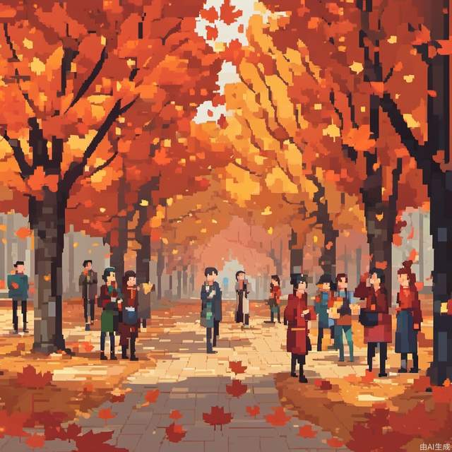 Pixel style, MG_xiangsu, a group of people, in the square, dialogue bubbles, talking and laughing, lively, incredibly absurdres, (autumn maple forest:1.3),(very few fallen leaves),(path), mid_shot