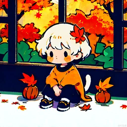 Incredibly absurdres, highres, simple lineart, full body, chibi, simple details, a person, thinking, sitting by the window, cat, (autumn maple forest: 1.3), (very few fallen leaves), (path), mid_shot, facing_away, looking_afar