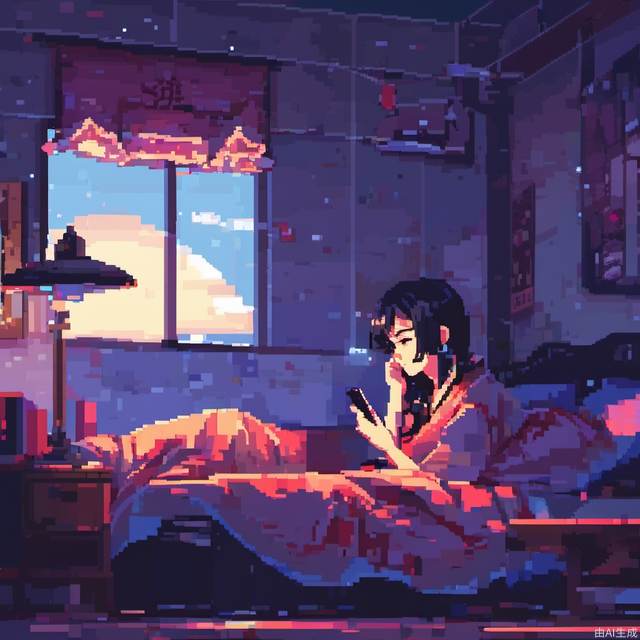 Pixel style, MG_xiangsu, alone, lying on the bed, sideways, playing with the phone, night, with the lamp on, incredibly absurdres, Cinematic Lighting, from_outside