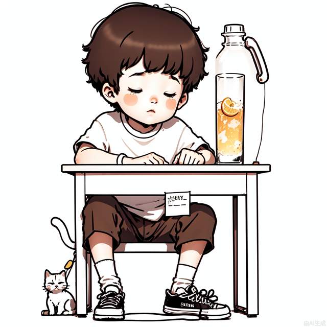 Incredibly absurdres, highres, simple lineart, a boy, sitting, computer screen, a kitten lying next to it, a glass of water, sleepy