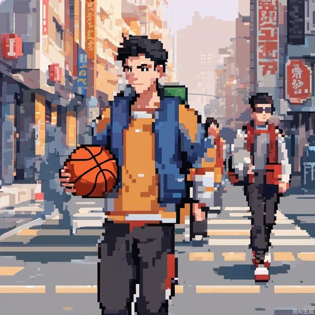 Pixel style, MG_xiangsu, young people, street, full_shot, holding a basketball, walking, city, incredibly absurdres