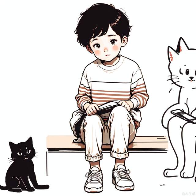 Incredibly absurdres, highres, simple lineart, a boy, sitting, looking at a laptop, a kitten lying next to it, a glass of water,