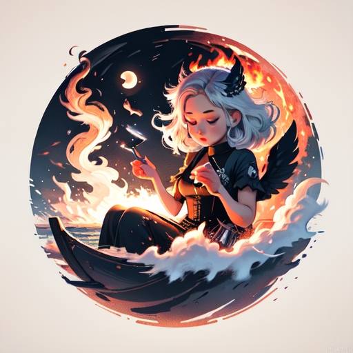 Incredibly absurd, white background, looking_afar, beach, beautiful detailed glow, floating ashes, beautiful and detailed explosion, red moon, fire, fire cloud, wings on fire, a cloudy sky, smoke of gunpowder, burning, black dress, dove of peace, (floating cloud:1.2)