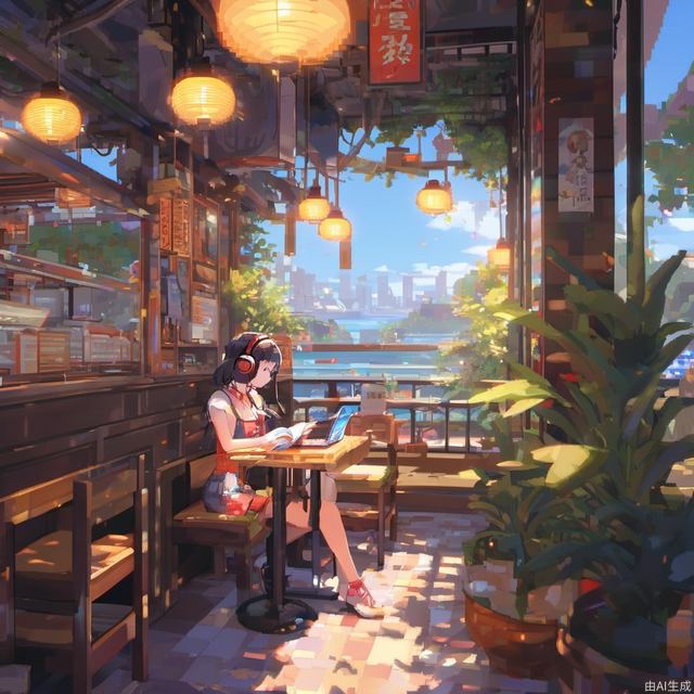 Pixel style, MG_xiangsu, absurdres, Cinematic Lighting, Tyndall effect, in summer, a girl, sitting in a cafe, reading, wearing headphones, quiet atmosphere