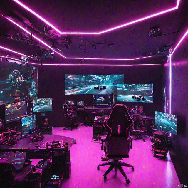 A professional esports room, with cyberpunk lighting, and a giant esports display playing 2022 F1 cars