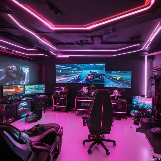 A professional esports room, with cyberpunk lighting, and a giant esports display playing 2022 F1 cars