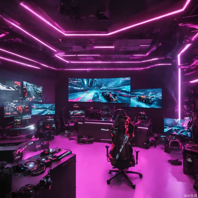 A professional esports room, with cyberpunk lighting, and a giant esports display playing 2022 F1 cars