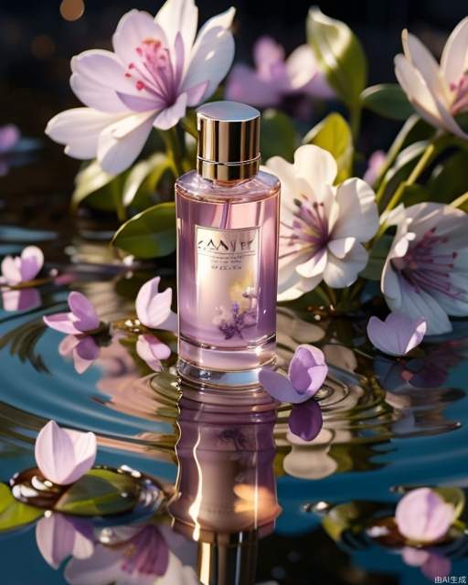 (Masterpiece, Best Quality: 1.3), Clear Focus, Water Surface, Close-up, Purple Flowers, Sunshine, Day, Blurred Background, Xanvina Products Shampoo