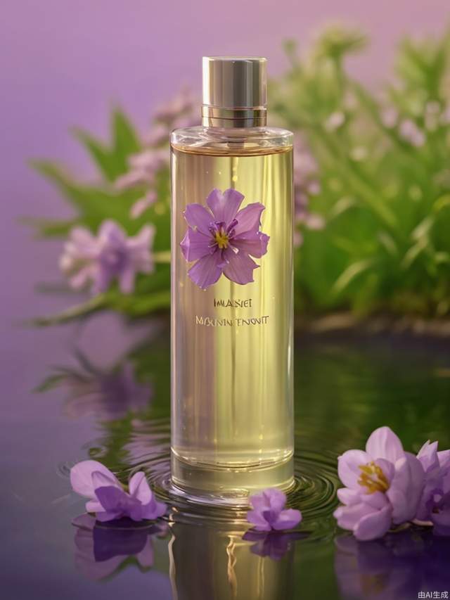 (Masterpiece, Best Quality: 1.3), Clear Focus, Cosmetic Bottle, Water Surface, Close-up, Purple Flowers, Sunshine, Day, Blurred Background, Xianweina Plant Extract Pure Product Shampoo