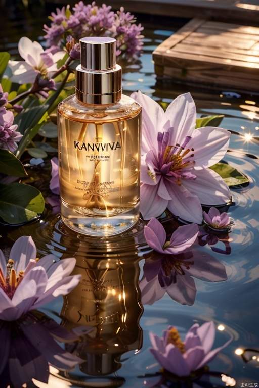 (Masterpiece, Best Quality: 1.3), Clear Focus, Water Surface, Close-up, Purple Flowers, Sunshine, Day, Blurred Background, Xanvina Products Shampoo