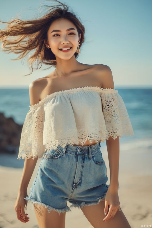 (Interesting fashion photos.) Style [Katherine McAllister | Ilya Kuvshinov | Loish | Daniela Uhlig | Ross Tran]: 1.1), (21-year-old female full-color fashion photo, portrait, masterpiece, perfect face, denim shot: 1.1), young adult female model, (sexy and glamorous appearance), sunny beach background, ((fashion dress up)), high-waisted jeans, ((delicate shoulder crop top with delicate lace trim and subtle flower embroidery)), beach wavy hairstyle, golden moment lighting, playful and inviting pose, vibrant blue ocean background, subtle vintage filters, golden moment lighting, sweet smile, subtle smile, HD