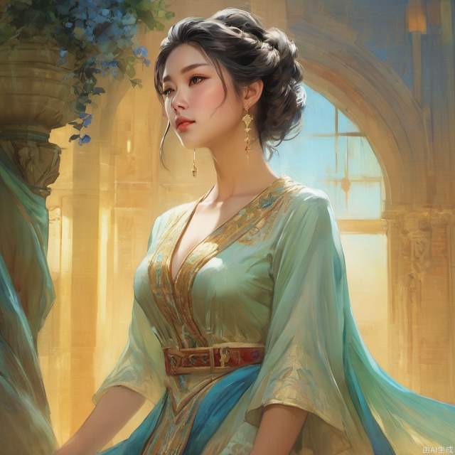    Detailed Promp: A high-class and aloof looking young woman, dressed in elegant attire, gazing off into the distance with a stern expression, looking regal and beautiful, delicate features, pristine hair, light and shadows on her face, vibrant colors, detailed, soft and fresh, high fashion, glowing skin, luminescent eyes, warm and classy, digital art by Artgerm and Greg Rutkowski., HD