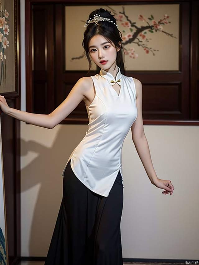 a skirt with <lora:qili-sdxl_v1-000010:0.8>,,high mountain,solo,SongQiLi,antiquities,chinese style,1girl with  a slender (or slim) figure in the tang and song dynasties,Graceful poses,delicate attire,serene expressions,cultural richness,timeless charm,black hair,hair ornament,woman in chinese painting,softly luminous,depictions ofaristocracy,Meticulous painting,<lora:ladies-illustration_xl_v5-000008:0.6>