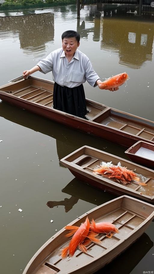 In a large pond, a middle-aged Chinese man throws shredded fish into the water from a feeding boat