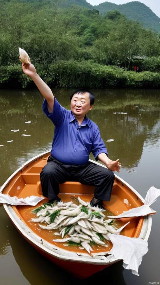 In a large pond, a middle-aged Chinese man throws shredded fish into the water from a feeding boat