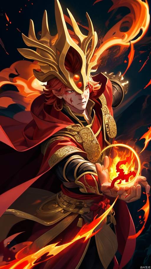 The figure of Monkey King, dressed in dark gold cloud pattern full armor, cloak blood red flame cloak, holding a wishful golden hoop, suspended in the air, lava in the background