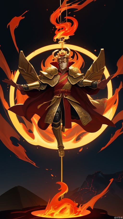 The figure of Monkey King, dressed in dark gold cloud pattern full armor, cloak blood red flame cloak, holding a wishful golden hoop, suspended in the air, lava in the background