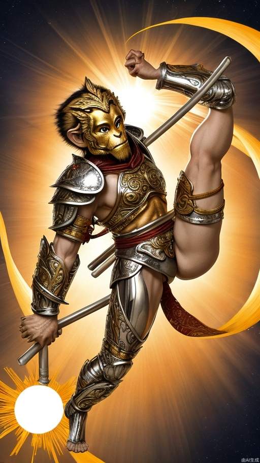 Sun wukong, wearing silver cloud pattern bright armor, holding a wishful golden hoop, stepping on the world