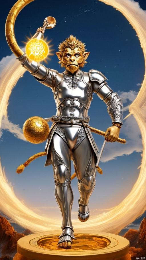 Sun wukong, wearing silver cloud pattern bright armor, holding a wishful golden hoop, stepping on the world